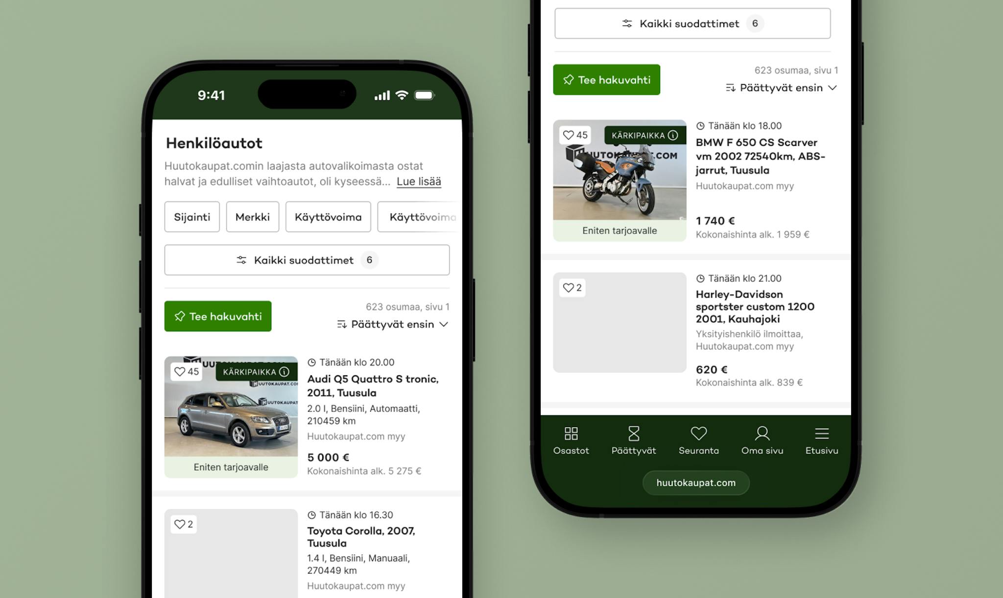 Puhelimen ruutu, jossa näkyy osastosivun kärkipaikka