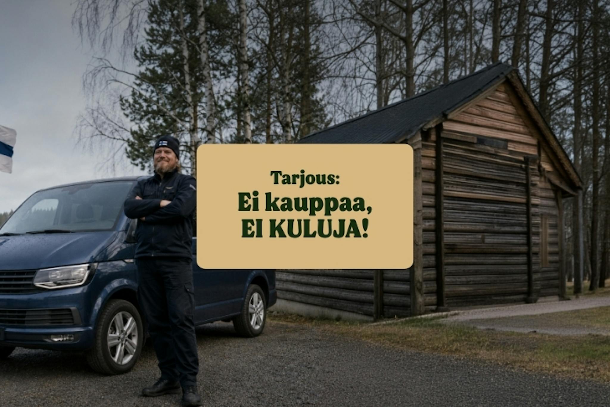 mies seisoo mökin edessä mainostamassa tarjousta ilmoittajille