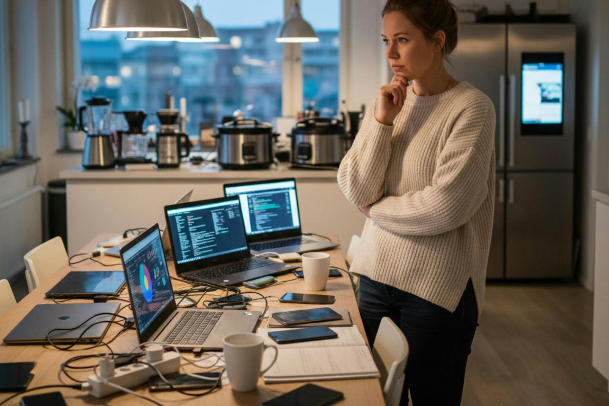 nainen keittiössä elektroniikan keskellä