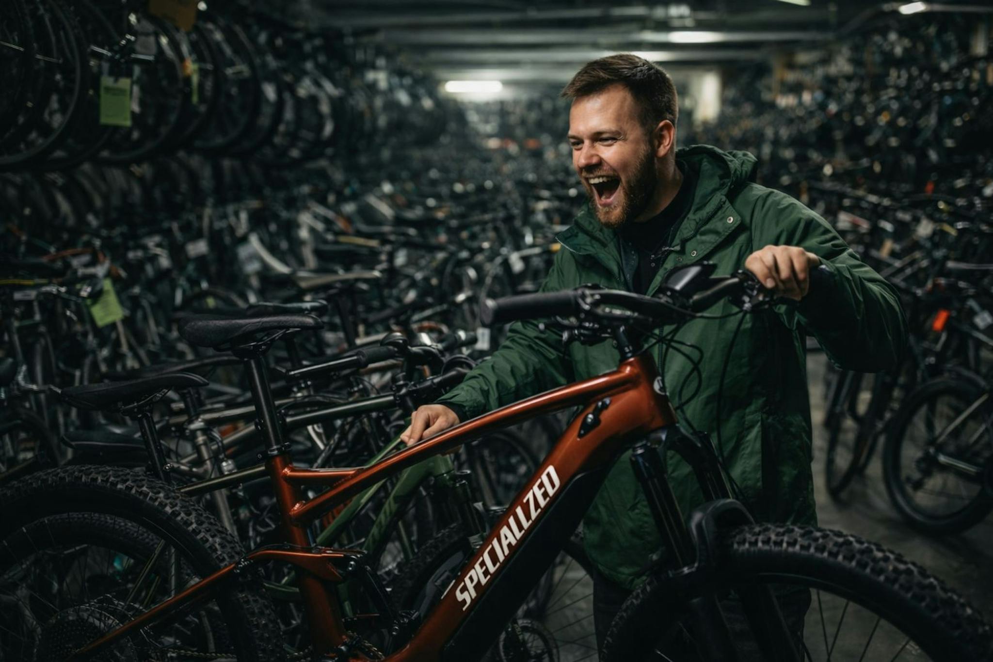 mies ostamassa polkupyörää varastolla hämärässä valaistuksessa