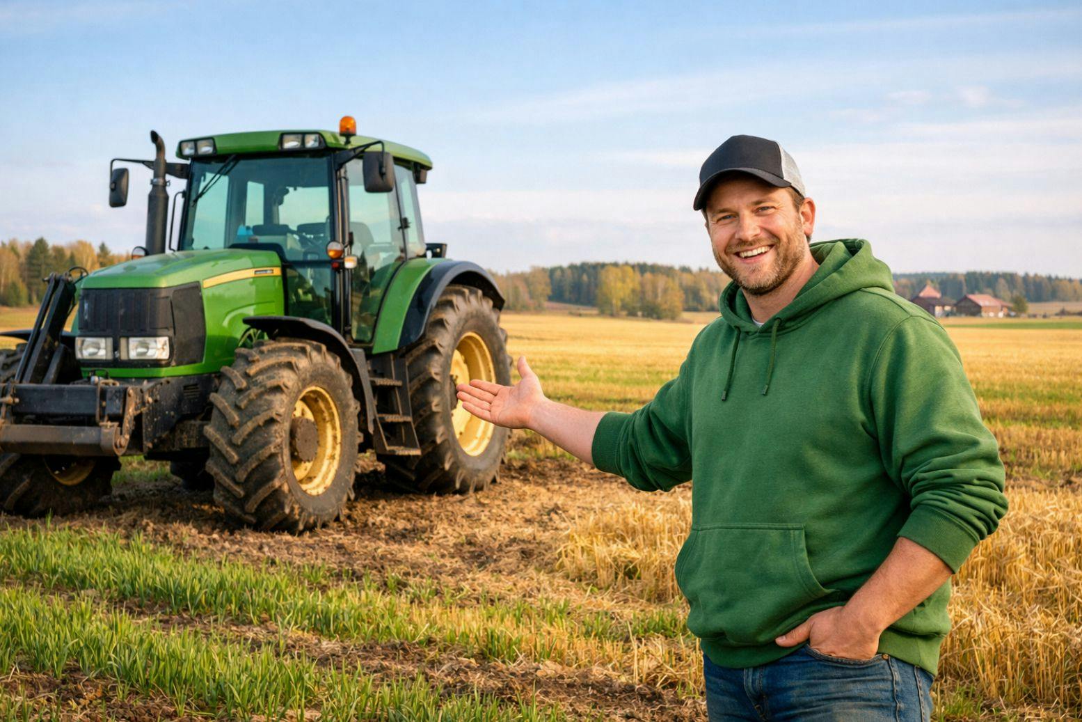 huutokauppameklari suosittelee traktoria pellon laidalla suomessa