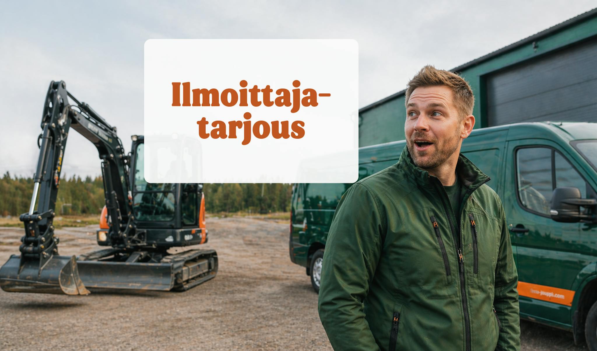 mies katsoo tekstiä joka kuvassa "ilmoittajatarjous", taustalla työkone ja pakettiauto