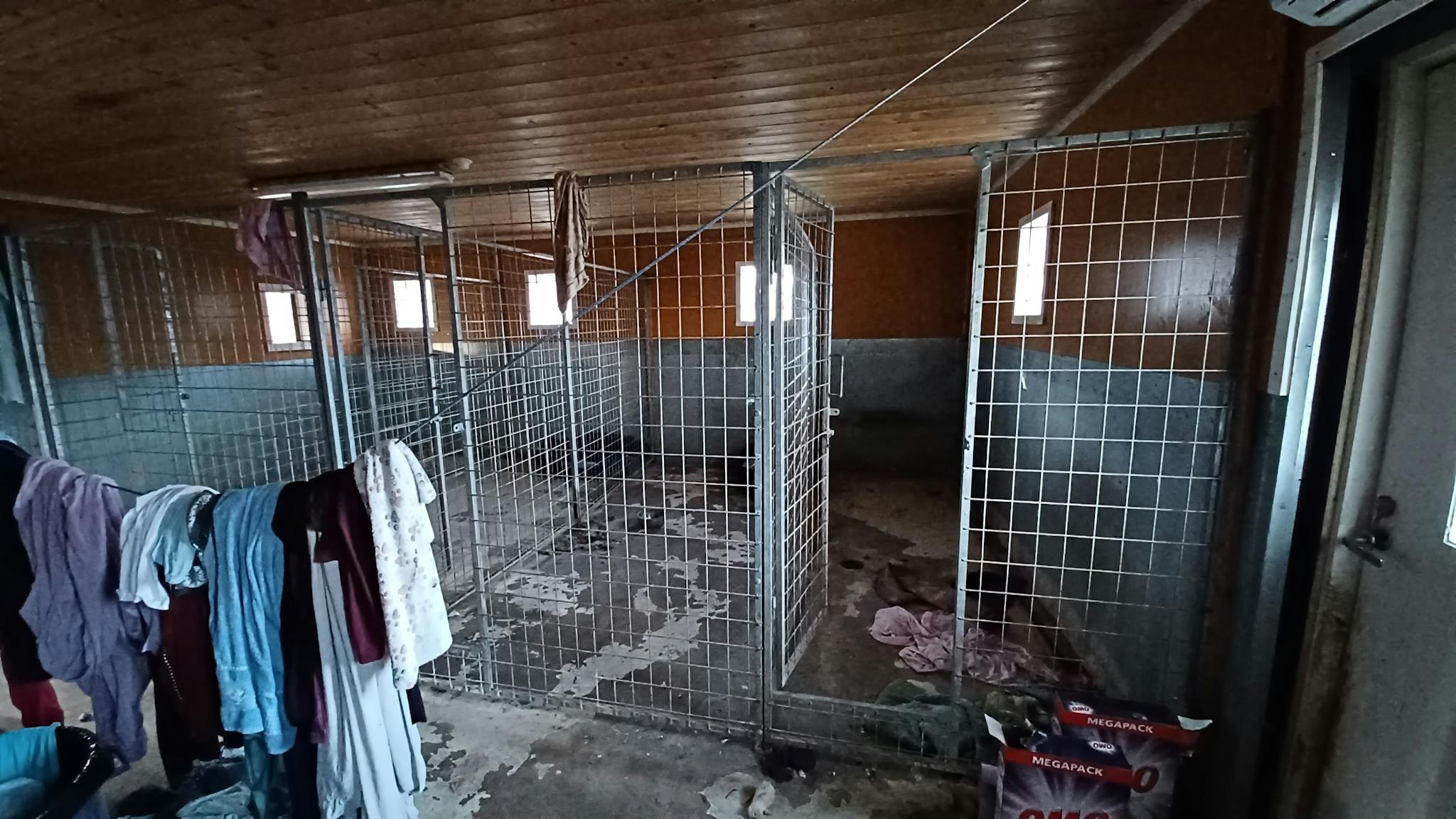 Huone, joka on jaettu verkkoseinämillä kuvattuna toiselta laidalta. Huoneessa on kolme häkkiä.